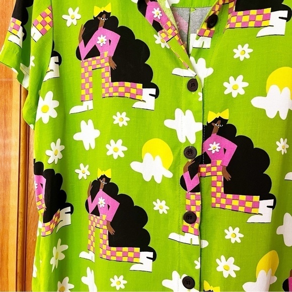 Nooworks Joyce Button Up Top Checkered Ladies Sz L Green Retro Short Sleeve - Picture 5 of 8